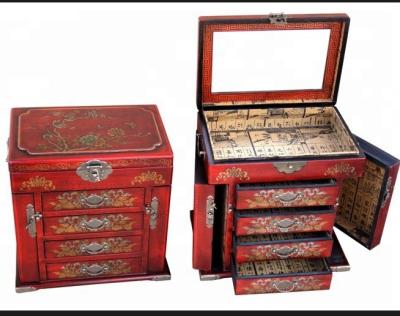 China Antique Hand Painted Art Phoenix Dragon Lacquer Mirror Oriental Jewelry Box Antique Red Leather Wooden Fengshui for sale