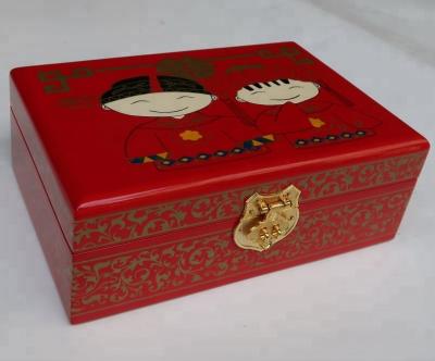 China Wedding Wooden Red Hand Painted Art Lacquer Oriental Jewelry Box for sale