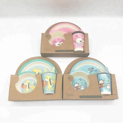 China Sustainable Cartoon Kids Bowl Tableware Fork Spoon Feeding Dish Bamboo Fiber Dinner Set for sale