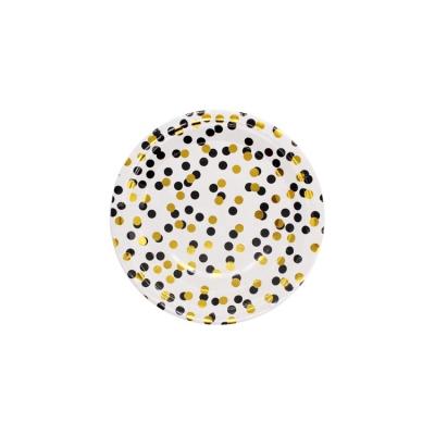 China Disposable Gold Foiled Dot With Colorful Printing Printing Black Paper Plates For Wedding Decoration for sale