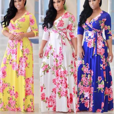 China Breathable European And American Style Flower Printing Color Matching Long Dress for sale