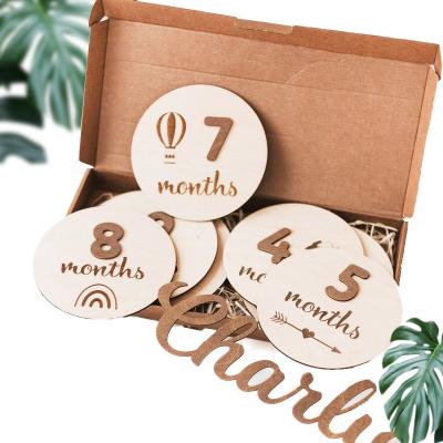 China Europe Manufacturer Customization New Design Laser Etching Wooden Baby Cards Milestone Set Baby Month Card for sale