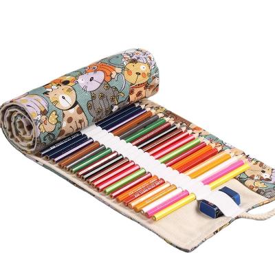 China Schools & Offices Cotton Canvas Large Capacity Pen Curtain 12 24 36 48 72 Hole Cartoon Colored Pencil Bag for sale