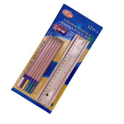 China Lovely cardboard styles wholesale 12 colors pencil stationery set wooden pencil case with ruler for sale