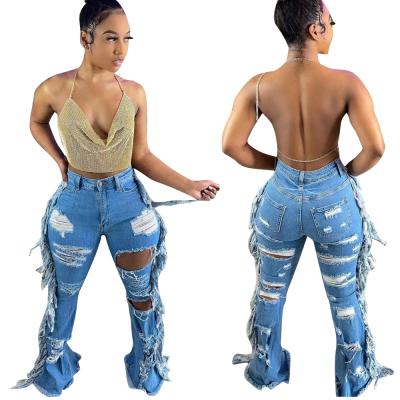 China OEM Viable Custom Logo Ready-to-Ship Sexy Denim Fringe Ripped Skinny Jeans for sale