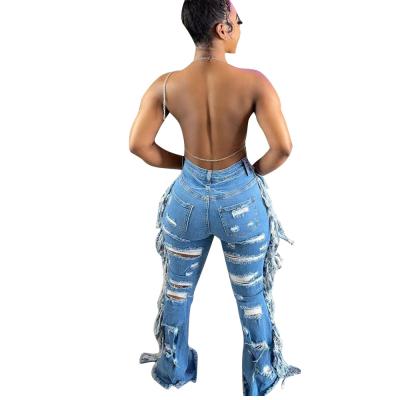 China Fashionable Style Sexy Denim Fringe Ripped Female Jeans Pants for sale