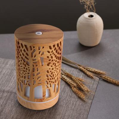 China Hotel New Arrival Fogger Mist Maker Carved Wood Oil Diffuser With Colorful LED Light for sale