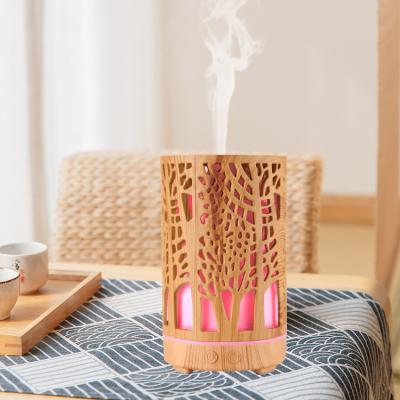 China Hotel New Arrival Fogger Mist Maker Carved Wood Oil Diffuser With Colorful LED Light for sale