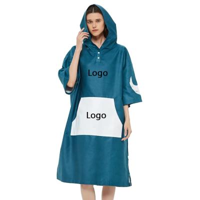 China QUICK DRY Manufacturers Wholesale Custom Blue Adult Microfiber Hooded Poncho Towel Poncho Surf Changing Beach Long Robe for sale