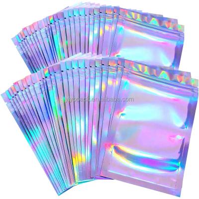 China Recyclable Resealable Clear Glossy Foil Pouch Storage Holographic Mylar Ziplock Bag Front Zipper Mini Smell Proof Bag for sale