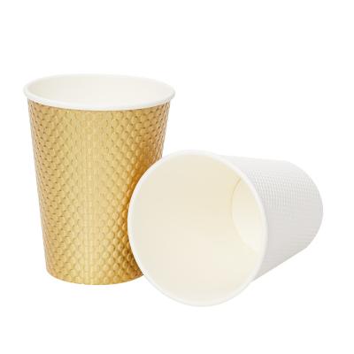 China Disposable 8oz 300ml Thicken Environmental Protection Wooden Double Layer Ripple Wall Coffee Anti-scalding Corrugated Gold Paper Cups for sale