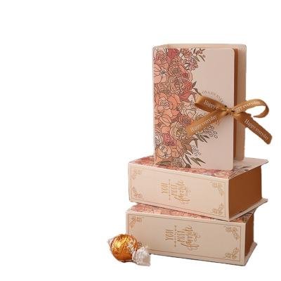 China Vintage Disposable Luxury Book Form Pattern Cardboard Handmade Wedding Chocolate Cookie Gift Folding Candy Paper Box With Ribbon for sale