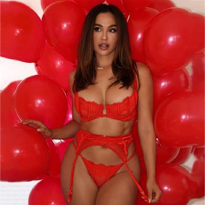 China Sexy Women Mesh Langerie Red Lingerie Set Underwear Lingere Custom Seller Sexy Private Label 3 Pieces Lace Lingerie Set For Ladies for sale