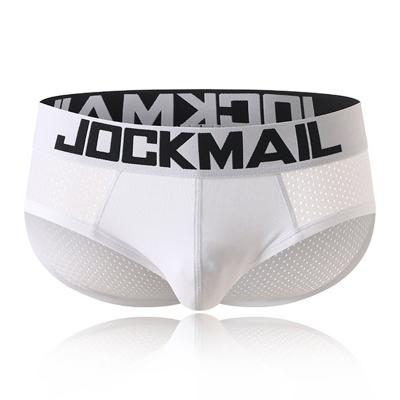 China Sexy Men's Underwear JOCKMAIL Ice Mesh Antibacterial Silk Shorts Briefs White Waist Briefs Low Swim Trunks for sale