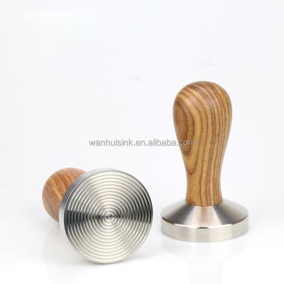 China Traditional Handle Bartender Tools Stainless Steel Ripple Base Wooden Coffee Tamper for sale