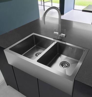 China Apronless Double Faucet Stainless Steel Undermount Kitchen Sink Bowl Front Sink for sale