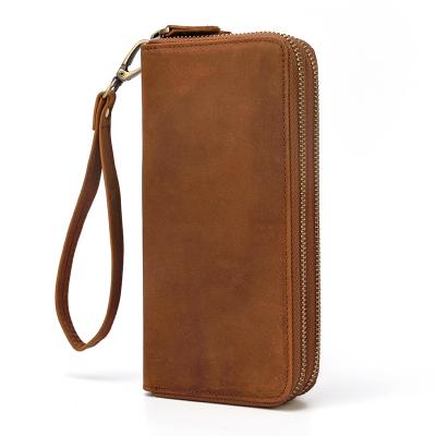 China Vintage Genuine Leather Clutch Wallets Double Zipper Man Purse Phone Bag Waterproof Leather Pouch Bag Long For Daily Use for sale