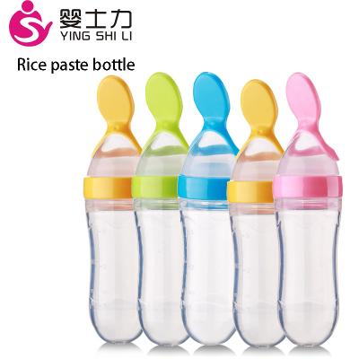 China BPA Free Factory Wholesale 90ml Baby Spoon Squeezing Bottle Feeder Rice Paste Kids Soft Silicone Feeding Bottle With Spoon for sale