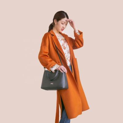 China Anti-wrinkle warm orange and Brown long cashmere wool coat for ladies handmade woolen wrap coat with belt for sale