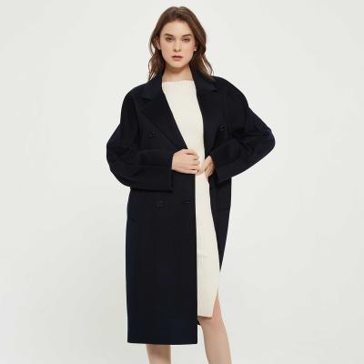 China Women's 100% Wool Coat Double Breasted Coat 2021 Women's Winter Overcoat Navy Wool Coat Long Wool Ladies Coat Casual Shawl Collar for sale