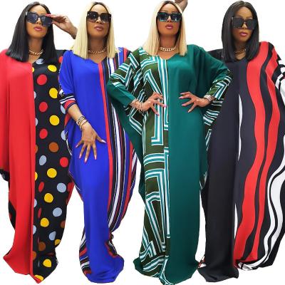 China Amazon Newest Viable Plus Size African Women's Dress 2022 Print Stripes Bat Sheath Loose Dress For Women for sale