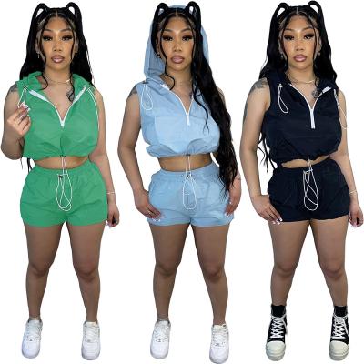 China 2022 Breathable Women 2 Pieces Summer Outfits Solid Color Sweatpants And Hoodie Fitness Shorts Sets Womens Tracksuit Sleeveless Set for sale