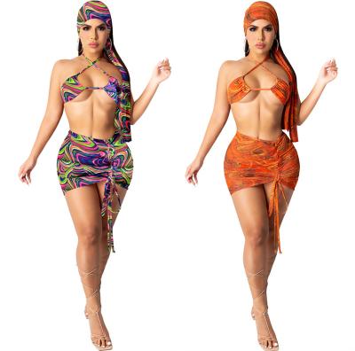 China Wholesale Ladies Breathable Summer 4 Piece Bikini Set With Bandage Printing Mesh Wrap Skirt Cover Up Swimsuit for sale