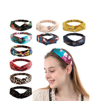 China Fashion Wholesale Fashion Stretchy Women Girls Summer Bohemian Hair Bands Print Vintage Cross Turban Bandanas Bandanas Headband for sale