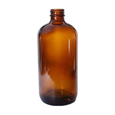 China Amazon Hot Sale 16oz Amber Glass Boston Round Bottles With Black Ribbed Cap for sale