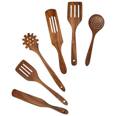 China Sustainable 5Pcs Premium Natural Teak Wood Slotted Spatulas Spoons Set Cookware Kitchen Baking Utensils for sale