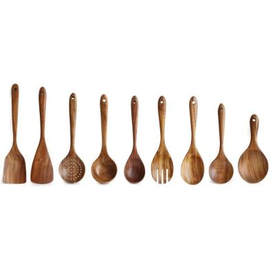 China Sustainable High Density Teak Wood Cooking Spoon Set Wooden Kitchen Accessories Utensil Set for sale