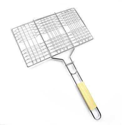 China Dustproof BBQ Grill Basket Chrome Plated Vegetable Stainless Steel BBQ Basket Fish Flesh Grill Net With Wooden Handle for sale