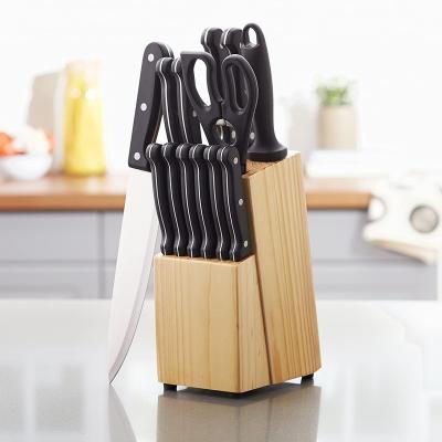 China Durable Stainless Steel ABS Handle Pine Wood Knife Block Black Kitchen Knife Set for sale