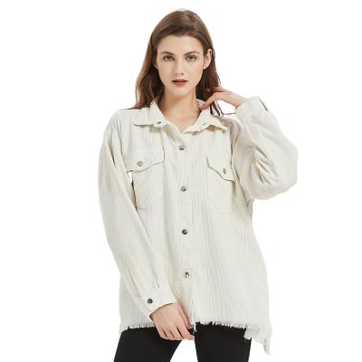 China Breathable White Solid Corduroy Fringed Straight Casual Women Shirt Jacket Autumn for sale