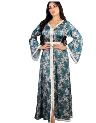 China Jalabiya 2021 Islamic Clothing Dubai Abaya Feature Belt Lady Elegant Floral Muslim Dress Optional Women for sale