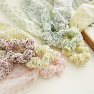 China Floral Hair Decoration Gingham Scarf Chiffon Scrunchies Ties Dyed Hair Bands Ponytail Holder Ties 2 In 1 Vintage Accessories For Women for sale