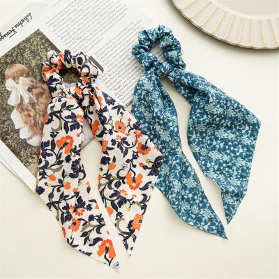 China Floral Hair Decoration Plaid Hair Scarf Chiffon Scrunchies Hair Bands Ponytail Holder Ties 2 In 1 Vintage Accessories For Women for sale