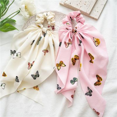 China Hair Decoration Butterfly Printed Fashion Scarf Chiffon Floral Scrunchies Hair Bands Ponytail Holder Ties 2 In 1 Vintage Accessories For Women for sale