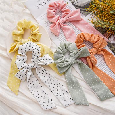 China Floral Dot Hair Scrunchies Bow Scarf Polka Dot Hair Decoration Hair Bands Ponytail Holder 2 Ties In 1 Vintage Accessories For Women for sale