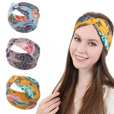 China Decoration Paisley Flower Printed Elastic Leopard Print Turban Head Wrap Knotted Soft Twisted Headband for sale