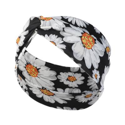 China Decoration Daisy Flower Printed Elastic Leopard Printed Turban Head Wrap Knotted Soft Twisted Headband for sale