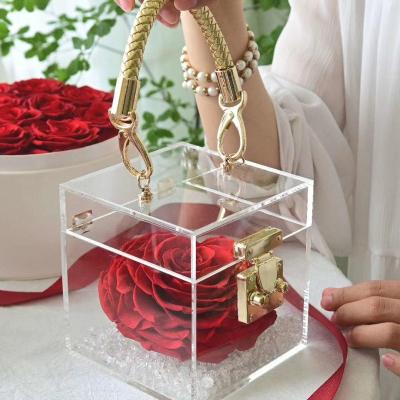 China Natural Fresh Rose Valentine Forever Eternal Long Last heart Rose 12cm A grade Preserved Roses In Acrylic Box with portable box for sale