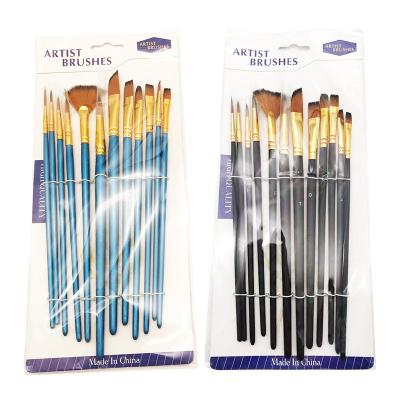 China 12 Piece Nylon Hair Nylon Blue Wooden Handle Multifunctional Shapes Brush For Artist for sale