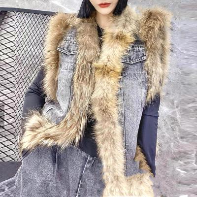 China Viable Women's Vest Real Fur Splicing Casual Coats Plus Size Blue Sleeveless Jean Woman High Flexibility Casual Denim Vest for sale