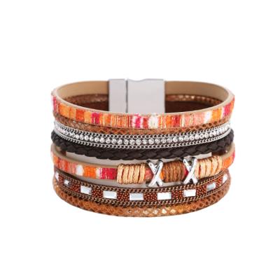 China Hot Selling Lead Free And Nickel Free Multilayer Women's Bohemian Leather Bracelet Ethnic Magnetic Buckle for sale