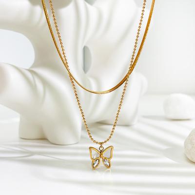 China Stylish Aesthetic 2 Layers 18K Gold Snake Pendant Necklace Set Stainless Steel Hypoallergenic Luxury Shell Crystal Zircon Butterfly Ins for sale