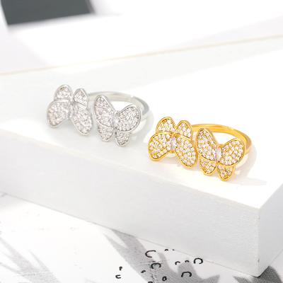 China CLASSIC Hot Selling Double Ring Wild Style Ladies Insect Ring Inlaid Zircon Jewelry Stainless Steel Butterfly Gold New Product for sale