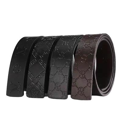 China Logo Custom Embossed Genuine Leather Genuine Leather Belts Fasten Italian Mens Cowhide Leather Belt Strap To Slip Buckle for sale