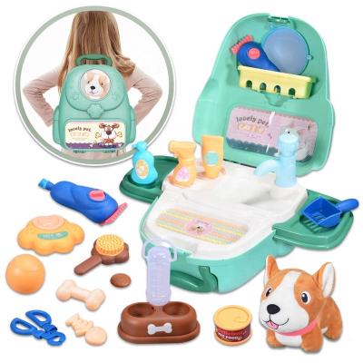 China 21PCS Plastic Simulated Preschool Play Set Pet Care Feeding Game Portable Backpack Pretend Play Toy With Little Cat for sale