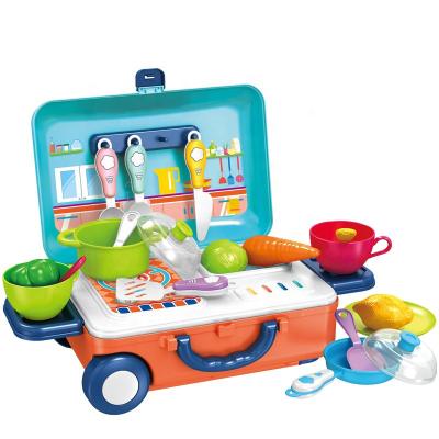 China Plastic Pretend Game DIY Tableware Suitcase Pull Rod Box Happy Plastic Kitchen Toys Cooking For Children for sale